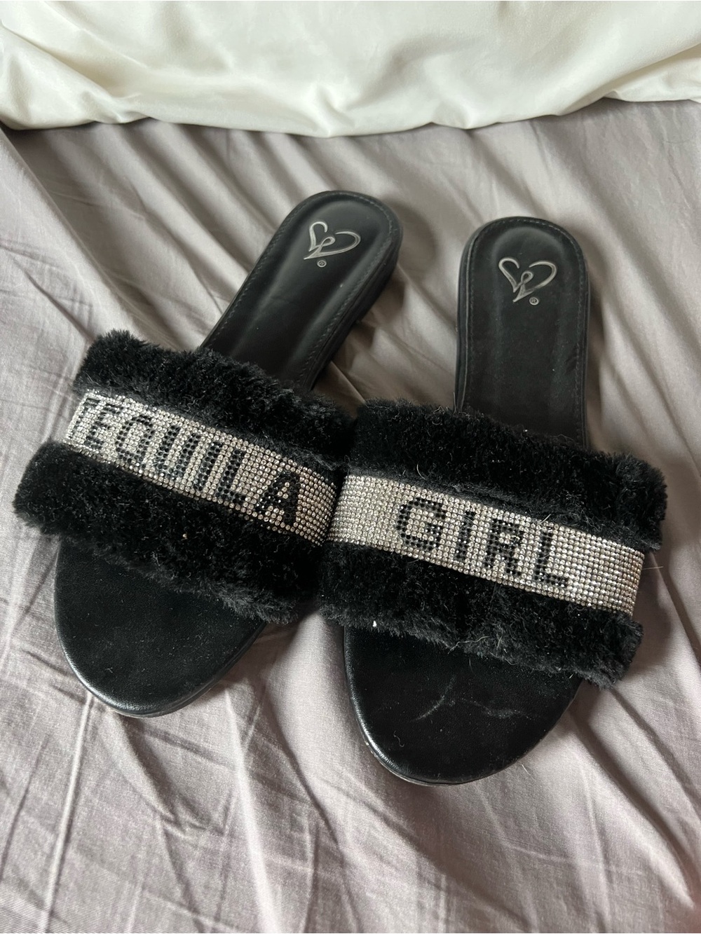 Black Faux-Fur Slide Sandals with Crystal 'Tequila Girl' Band